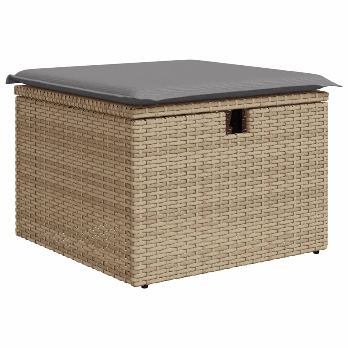 Beige gewebte Aufbewahrungsbox mit grauem Kissen oben. Braunes Griffdetail.