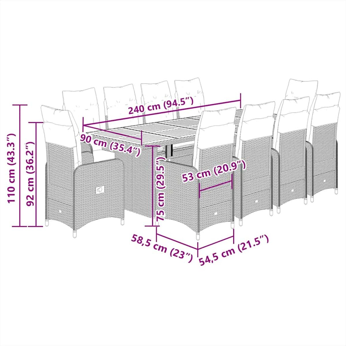 Diagramma di un grande set da pranzo da esterno con dimensioni in cm e pollici.