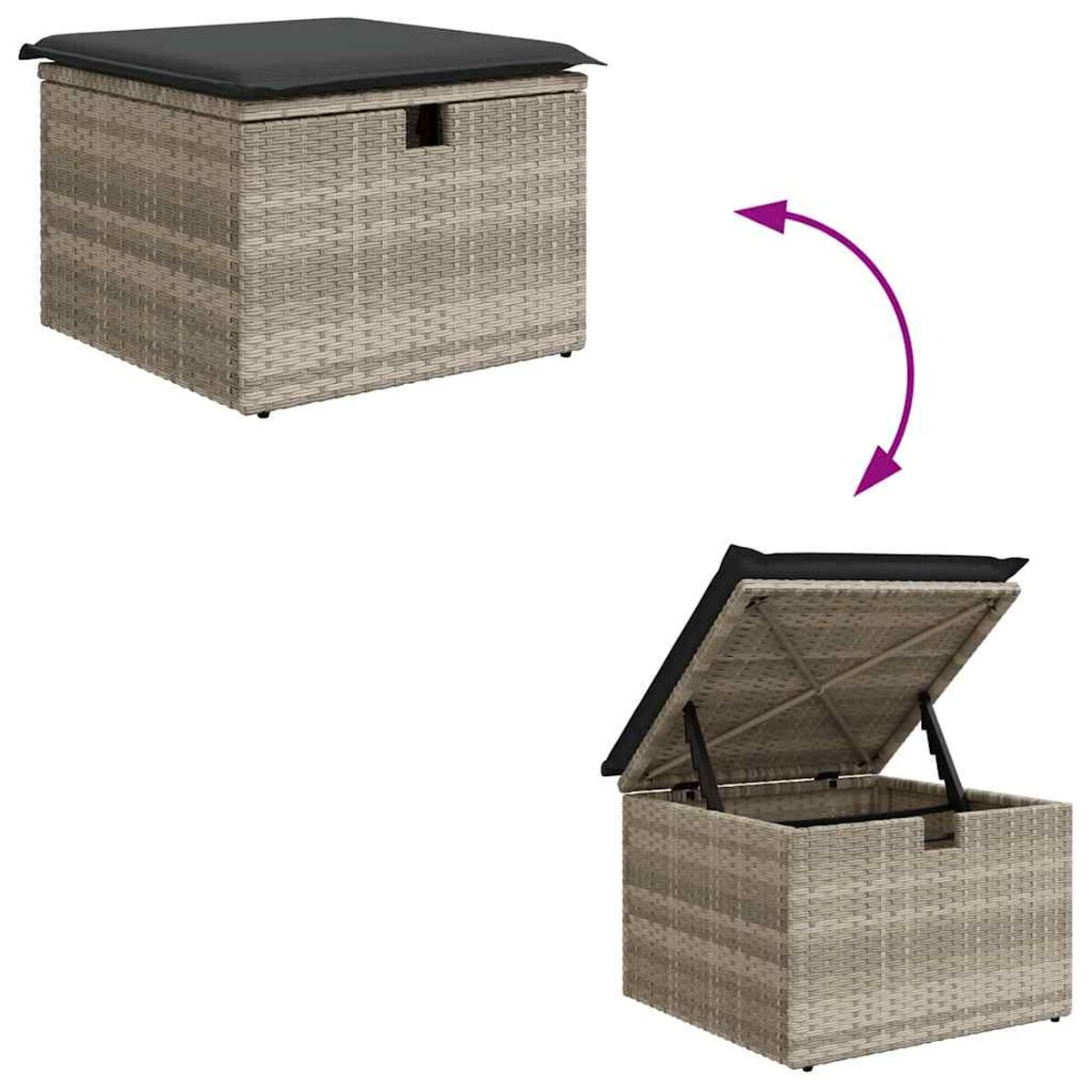 Zwei Rattan-Aufbewahrungsboxen, eine geschlossen, eine offen. Schwarzes Kissen oben. Pfeil zeigt das Öffnen.