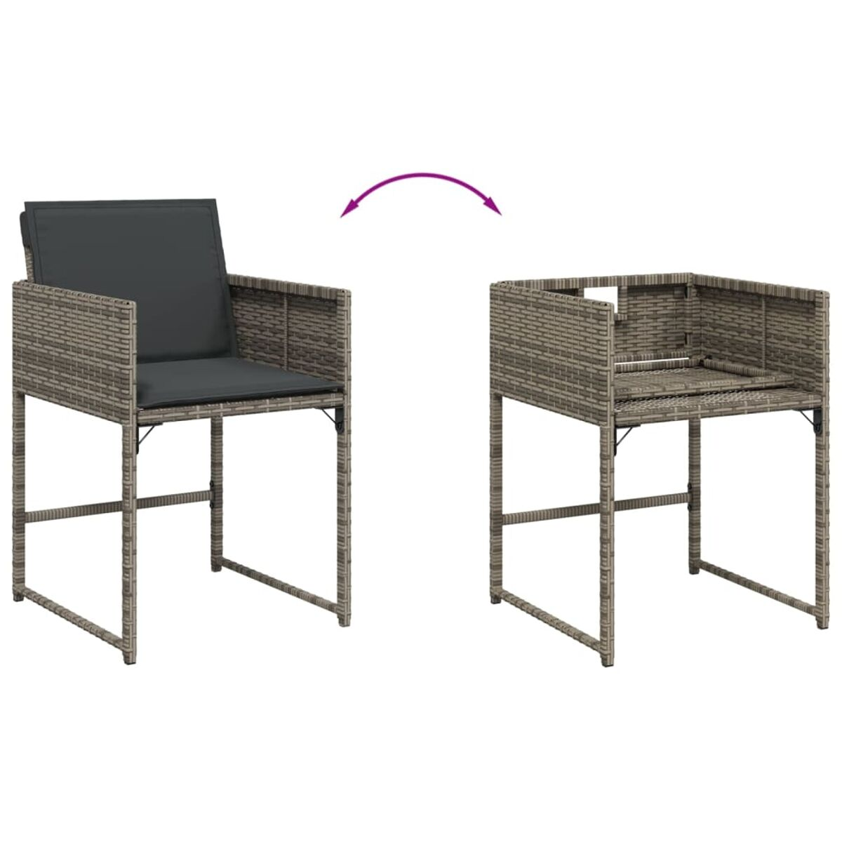 Stuhl, der sich in einen quadratischen Stauraum verwandelt. Graues Kissen. Rattan-Material. Weißer Hintergrund.
