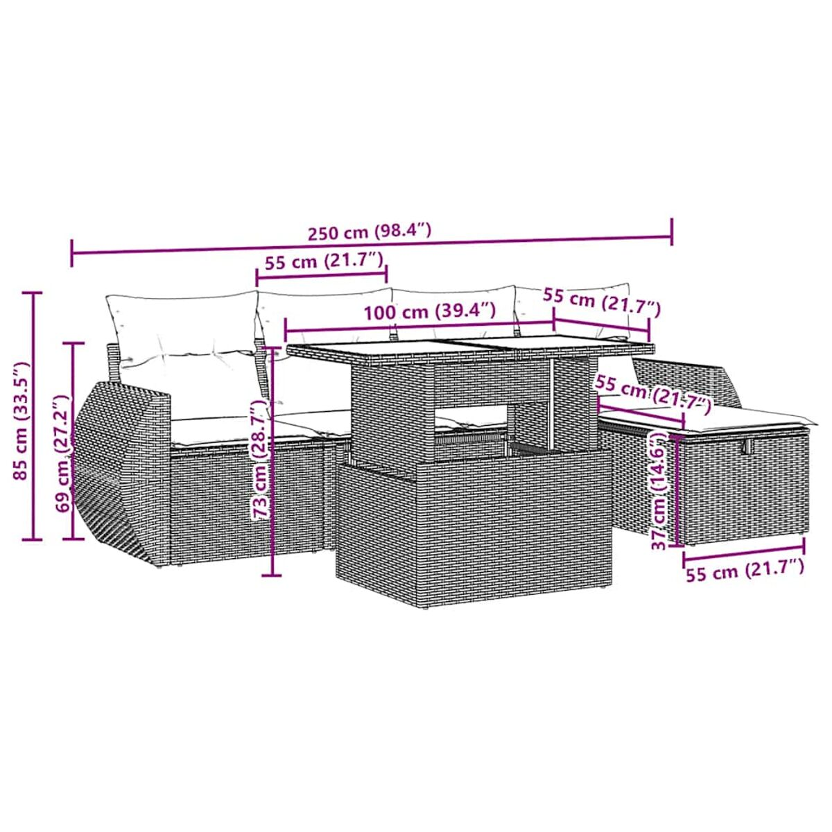 Set divano angolare in rattan con dimensioni. Include tavolo e cuscini. Sfondo bianco.