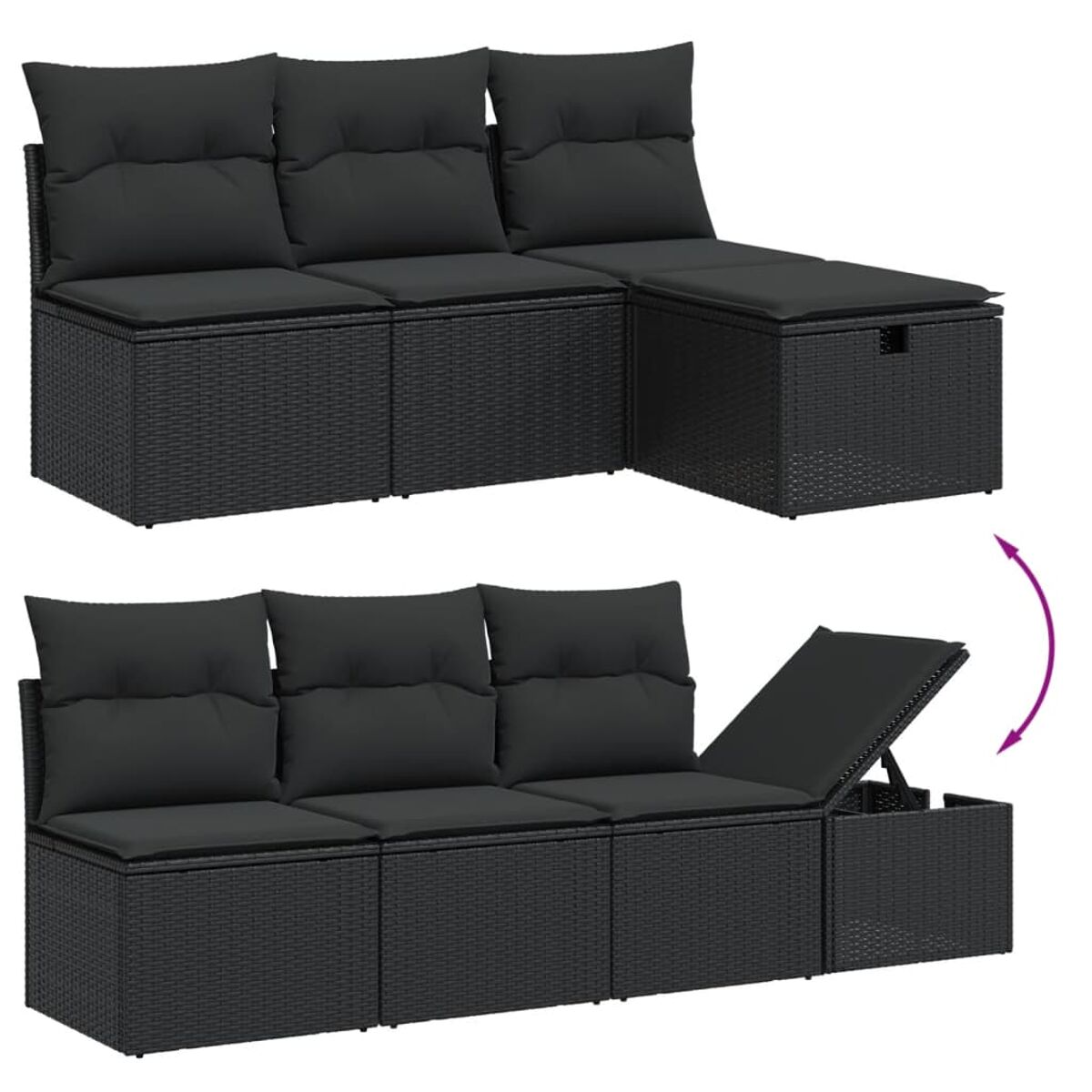 Schwarzes Rattansofa mit grauen Kissen, eines öffnet sich zur Aufbewahrung.