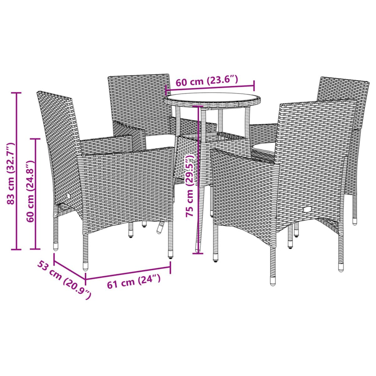 Essgruppe für den Außenbereich, ein runder Tisch mit vier Stühlen. Rattanmöbel, schlichtes Design.