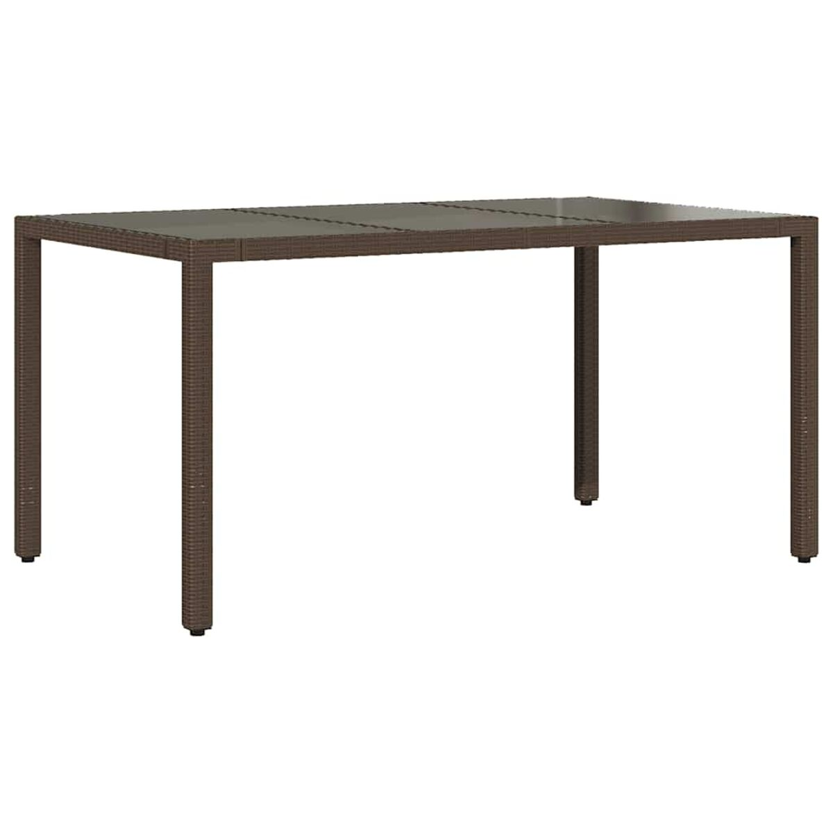 Un tavolo rettangolare in rattan marrone con superficie scura e quattro gambe.
