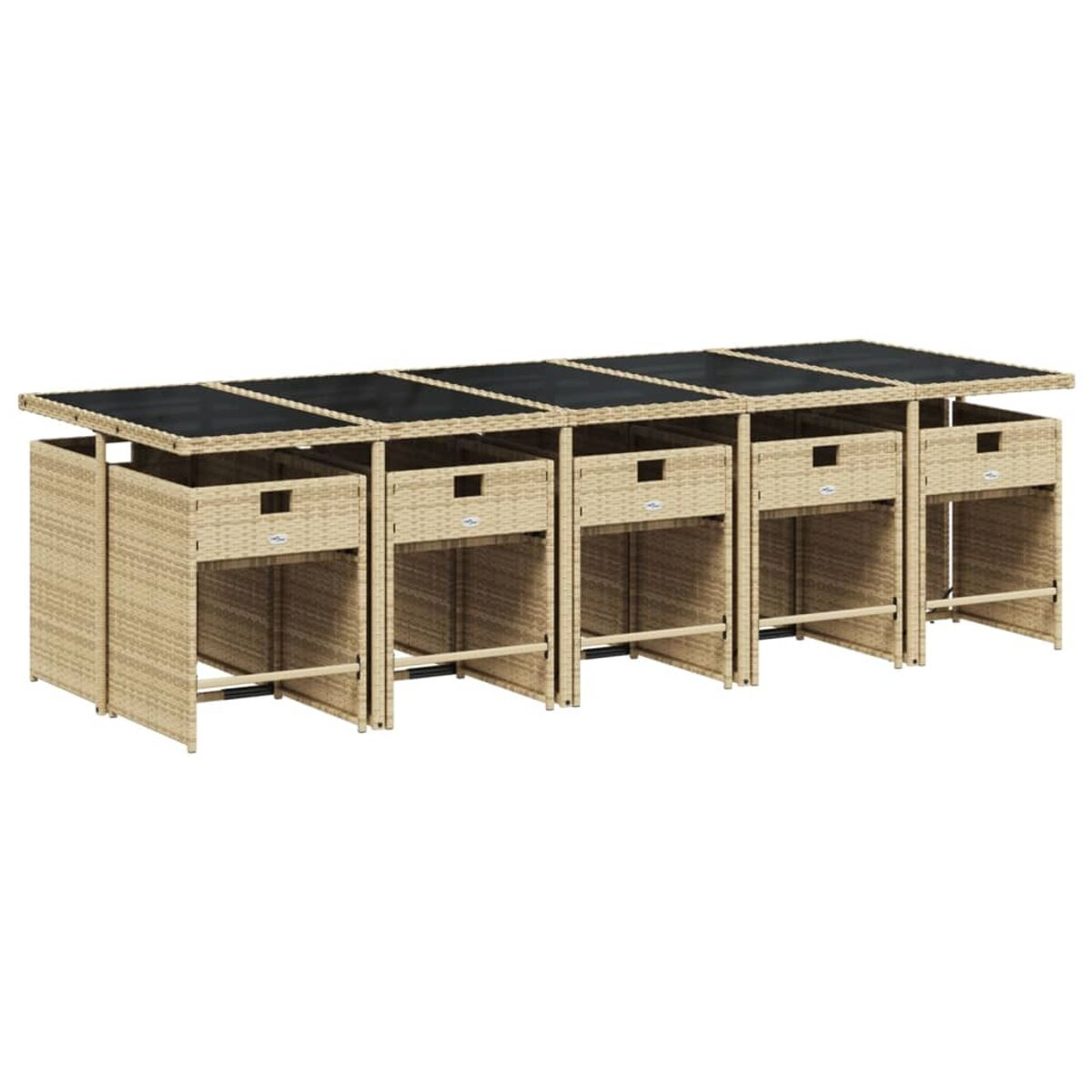 Cinque tavoli in rattan con cassetti e piani neri in fila. I tavoli sono beige.