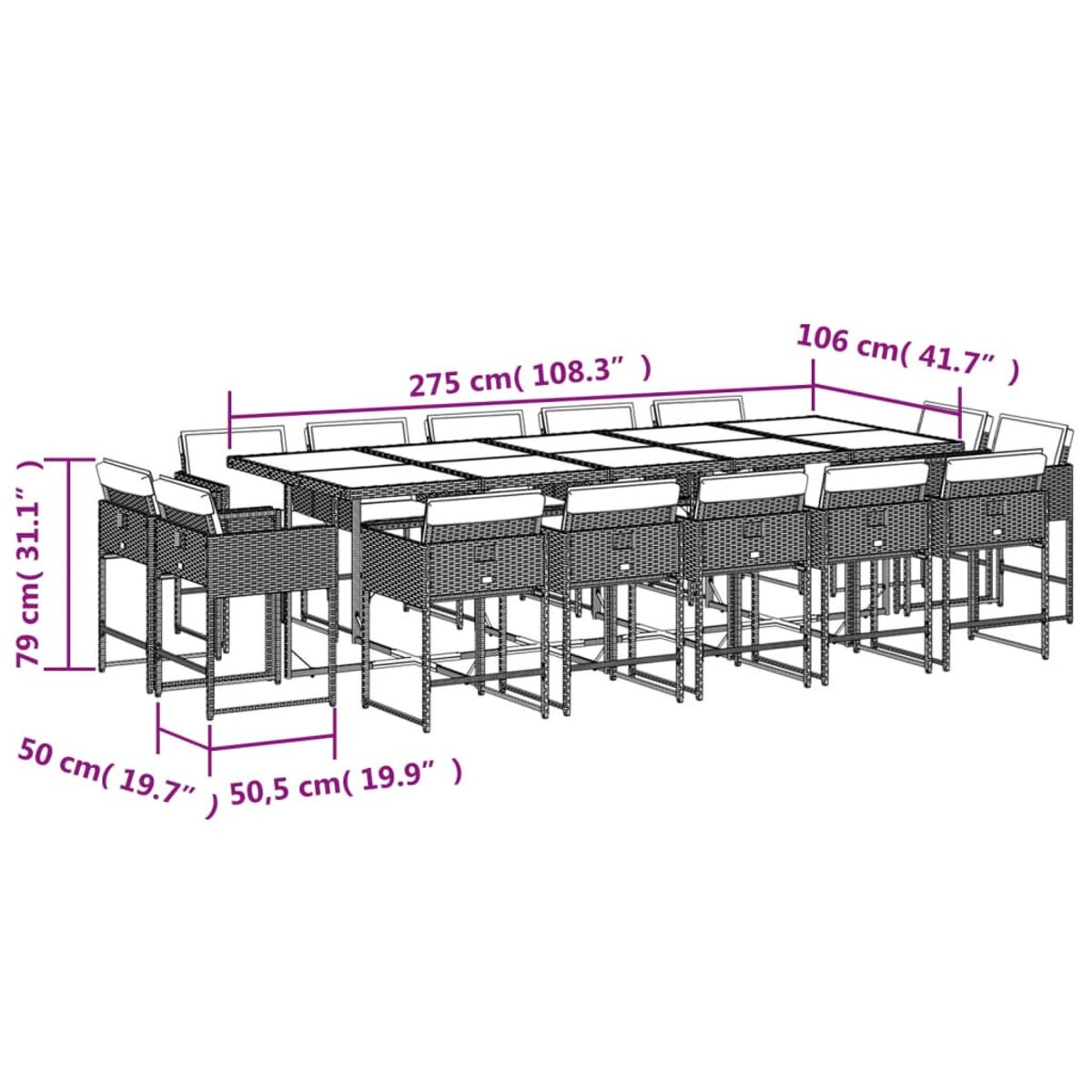 Ein Ess-Set für den Außenbereich mit mehreren Stühlen und einem langen Tisch mit Maßen.