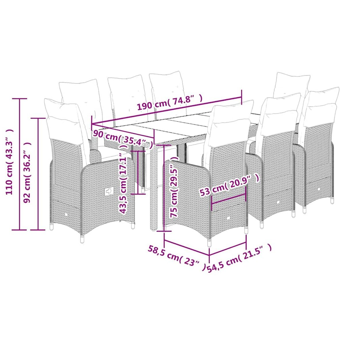 Diagramma di mobili da esterno con dimensioni in centimetri.