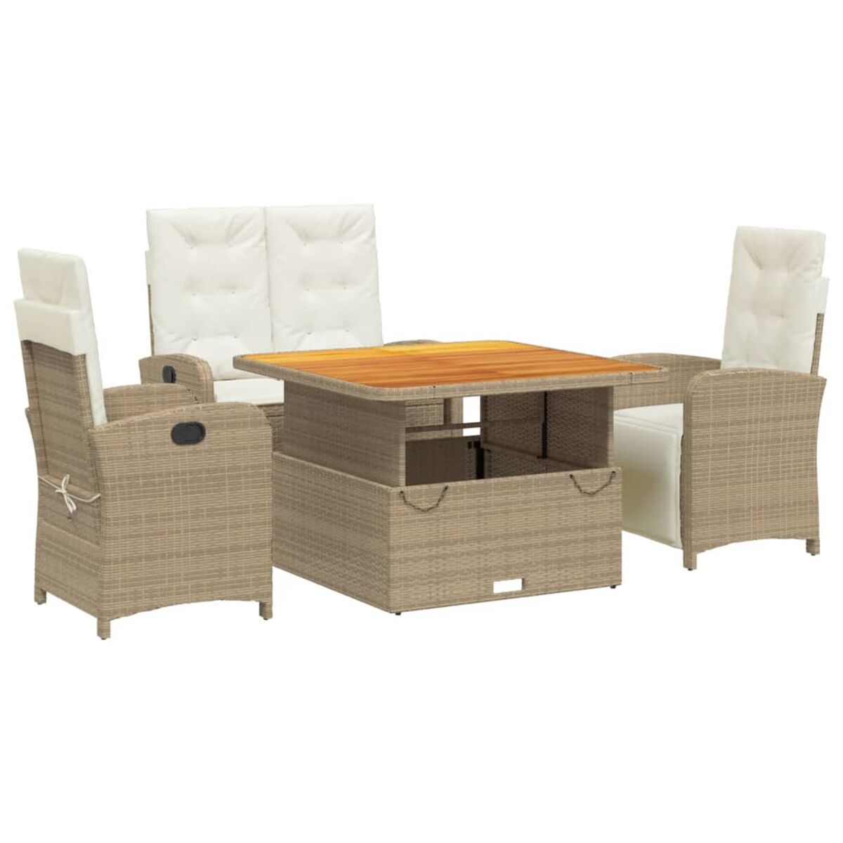 Rattan-Gartenset: Tisch, zwei Sessel und Doppelsofa mit hellen Kissen.