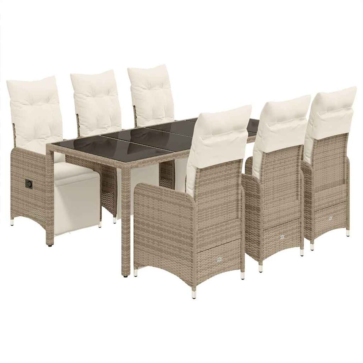 Set da pranzo in vimini beige con sei sedie e tavolo con piano in vetro. Bianco.