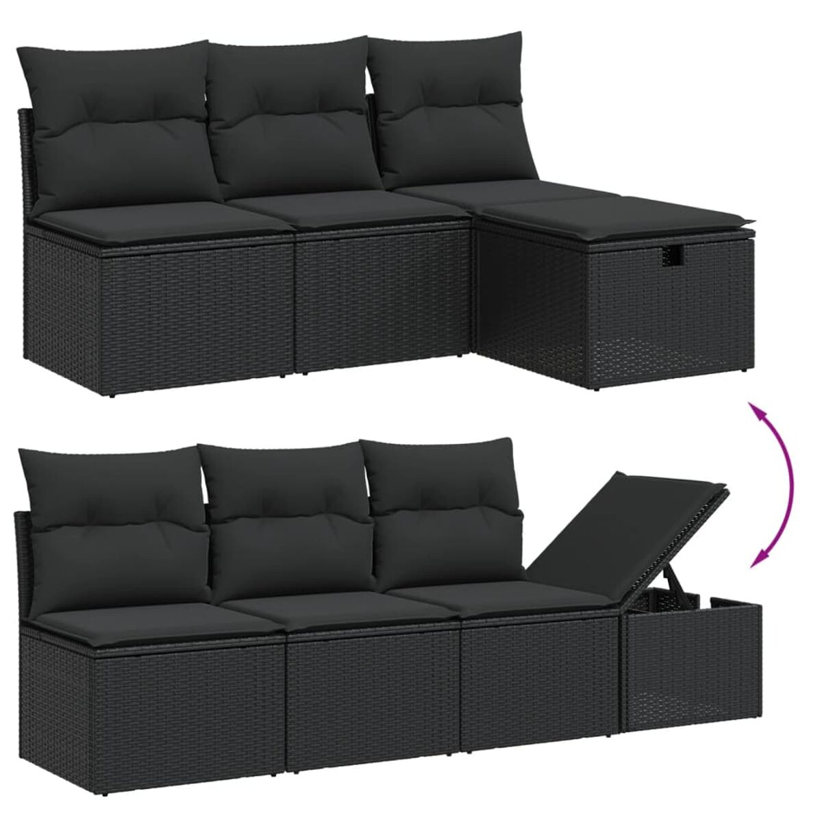 Ein schwarzes Rattan-Sofaset für den Außenbereich, umwandelbar in ein Aufbewahrungsmöbel, mit grauen Kissen, auf weißem Hintergrund.