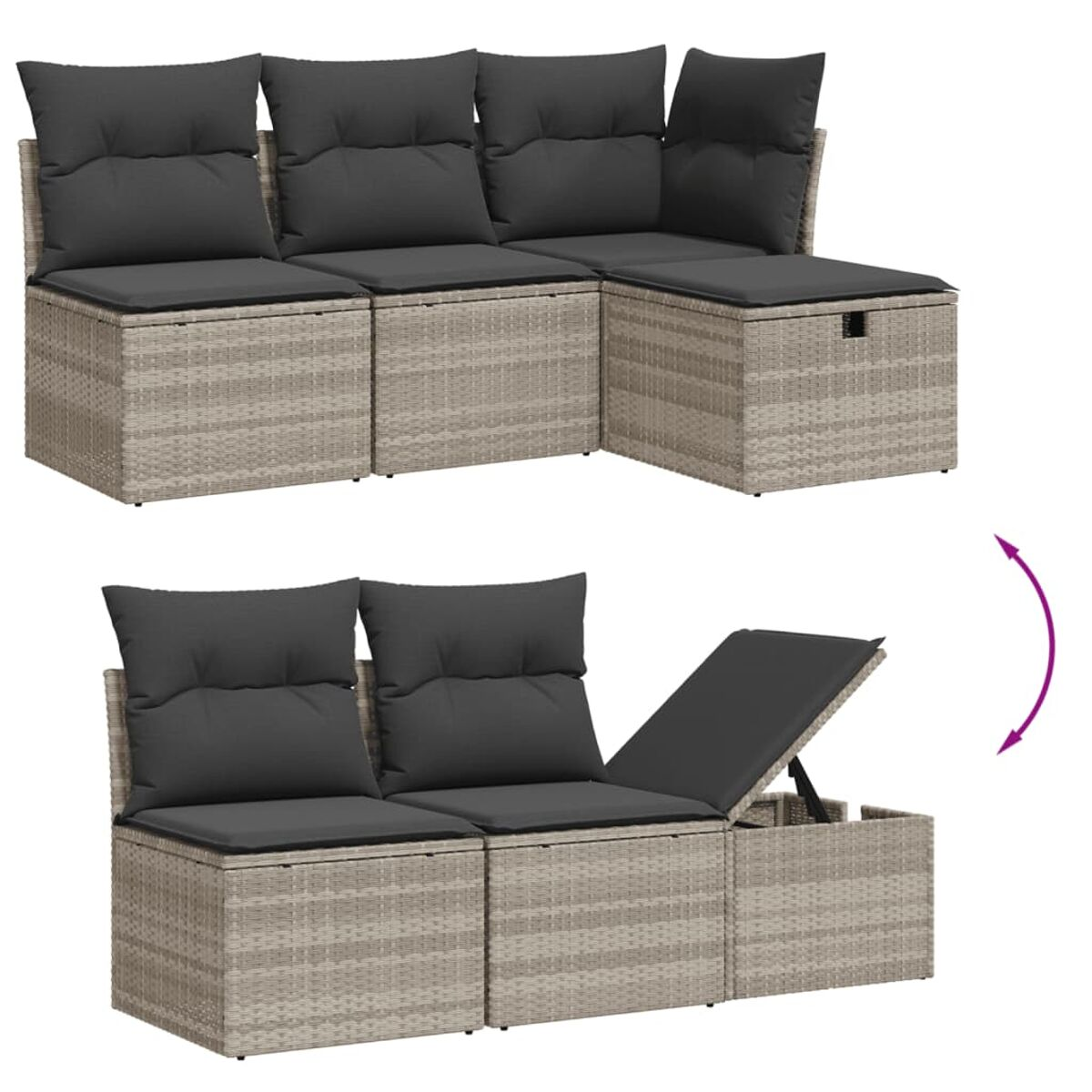 Modulare Outdoormöbel: Ecksofa und Sofa mit Stauraum. Helles Rattan und dunkle Kissen.