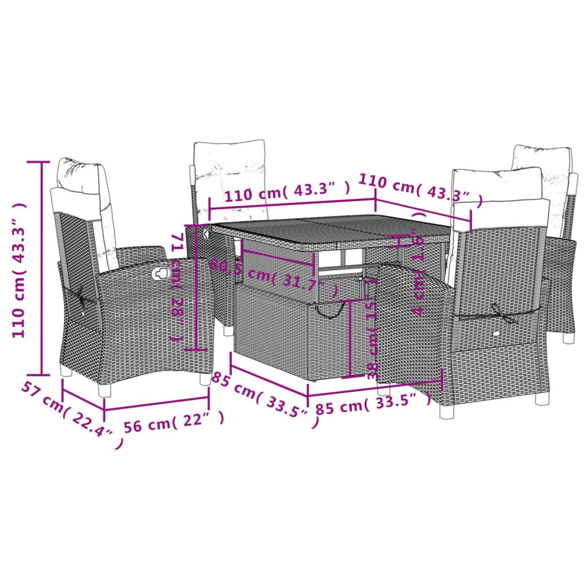 Ein quadratischer Tisch mit 4 Stühlen, Abmessungen sind angegeben.