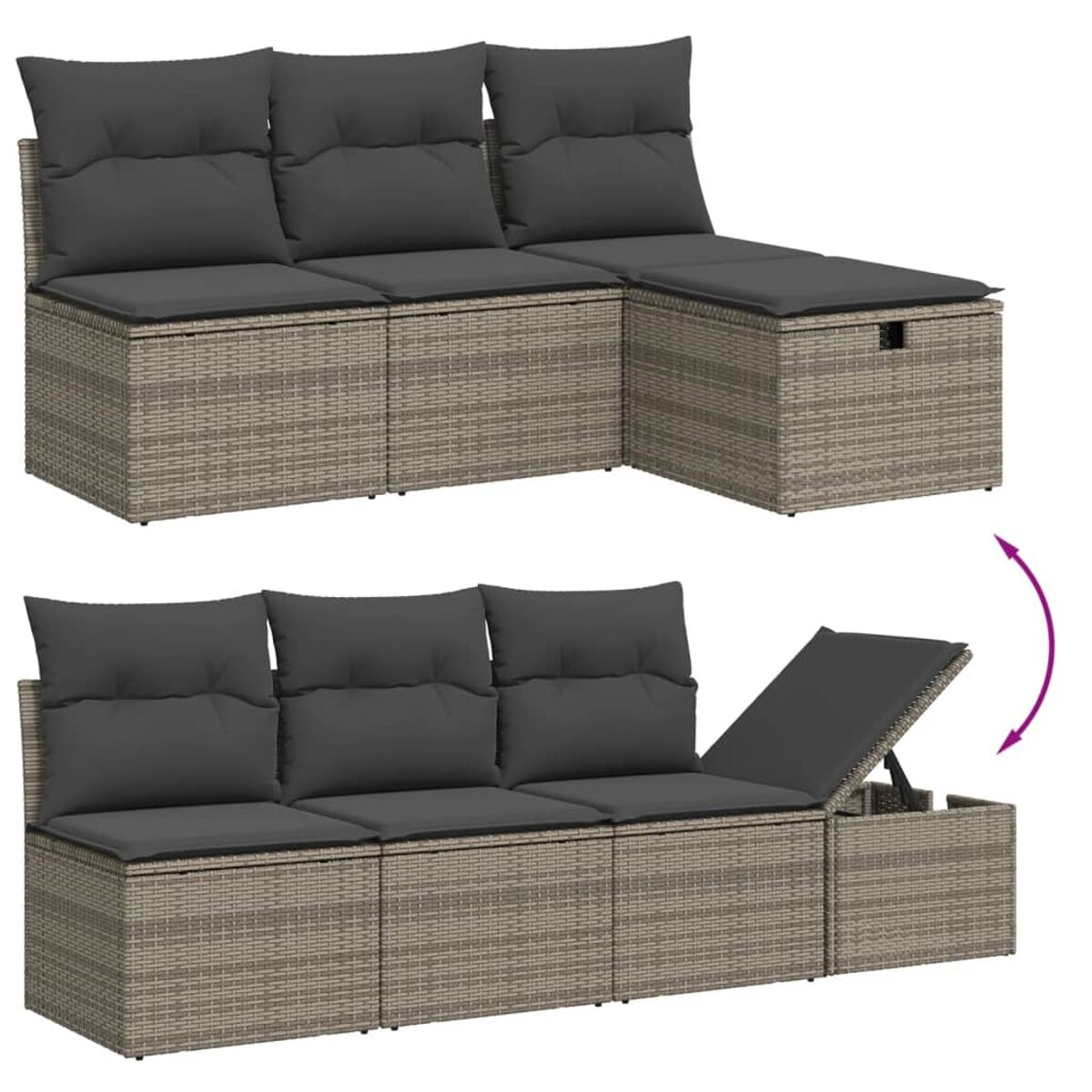 Graues Outdoor-Ecksofa aus Korbgeflecht mit dunkelgrauen Kissen. Stauraum zum Anheben. Weißer Hintergrund.