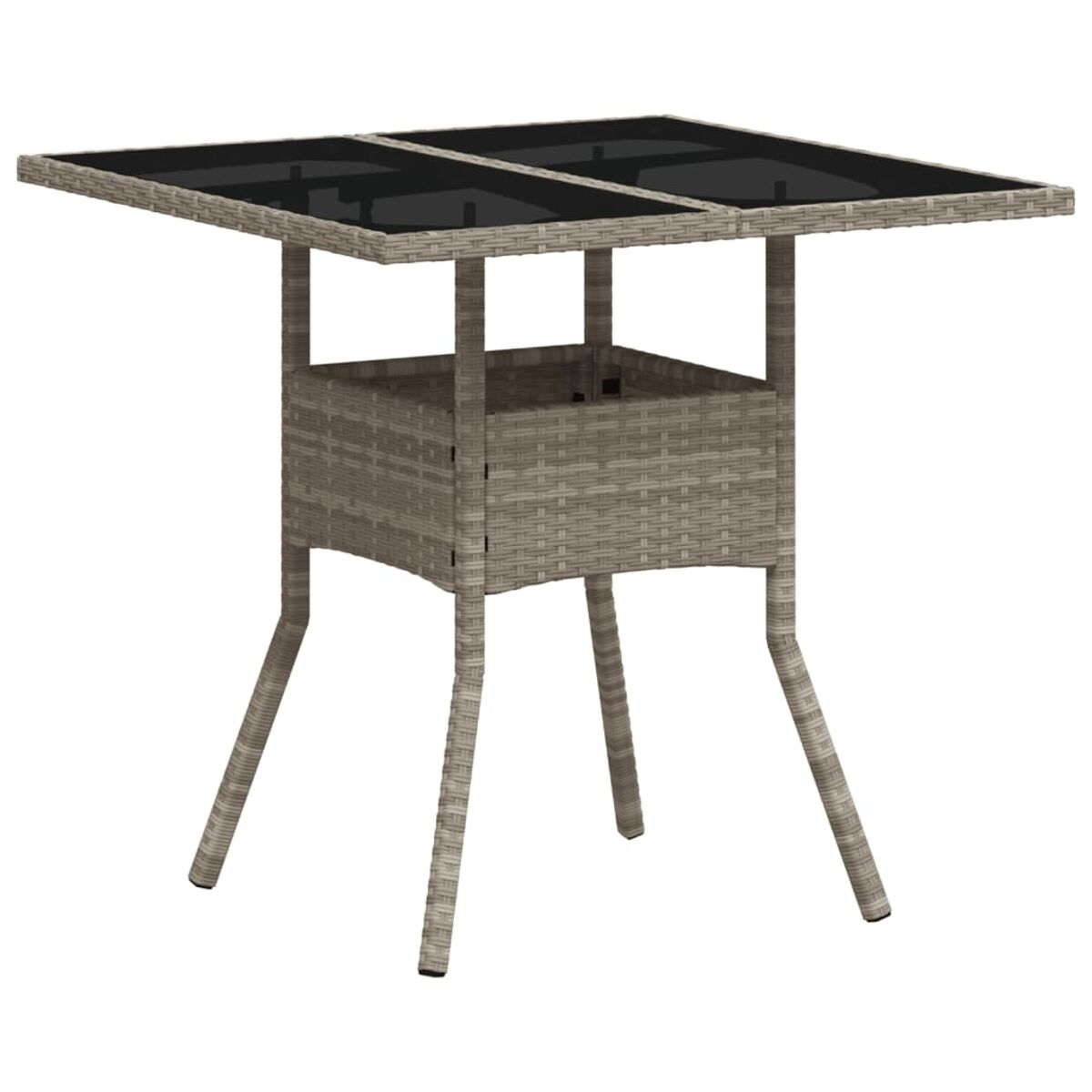 Quadratischer Korbtisch mit Glasplatte. Der Tisch hat einen Stauraum unter der Platte.