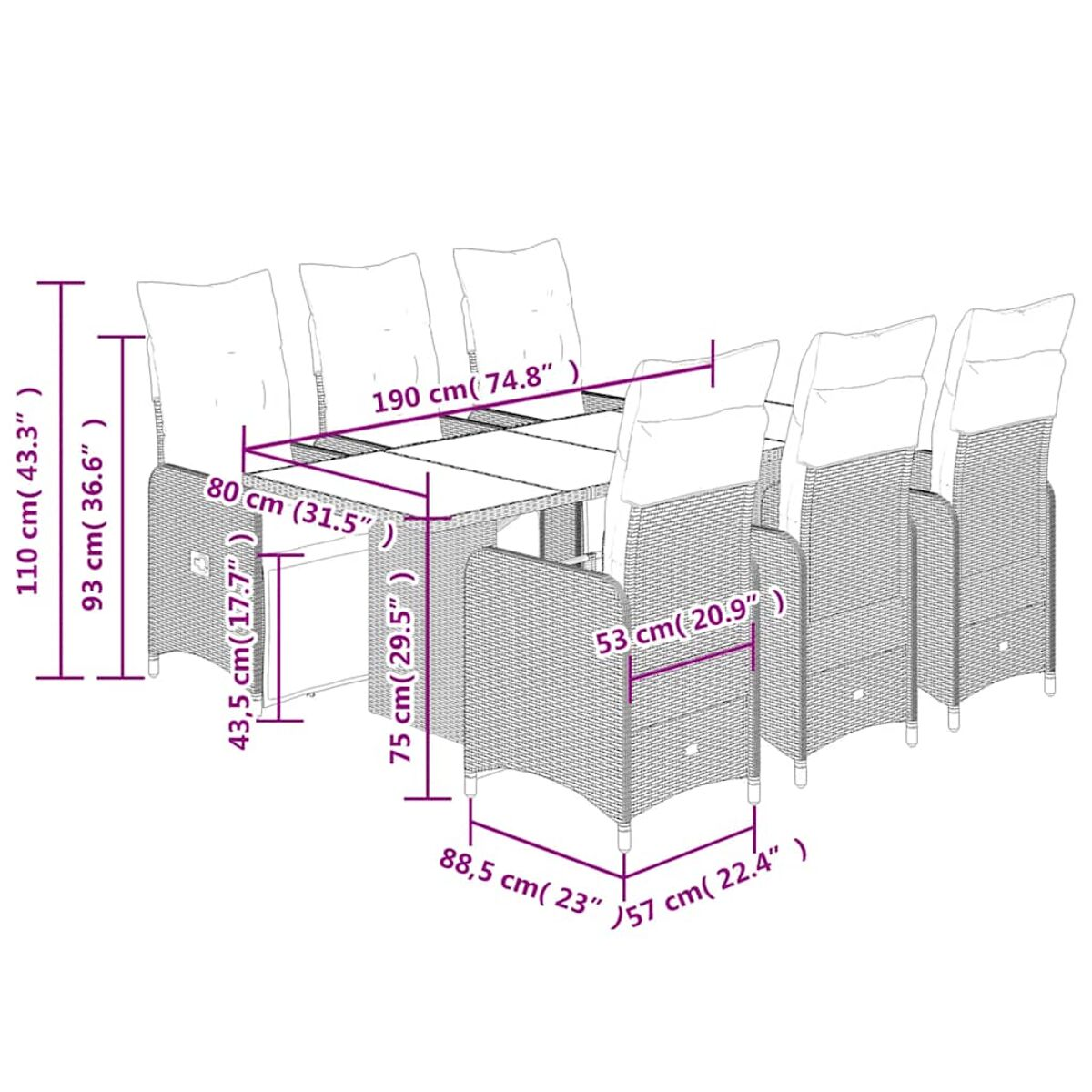 Diagrama de un juego de comedor con dimensiones, incluyendo sillas y mesa rectangular.