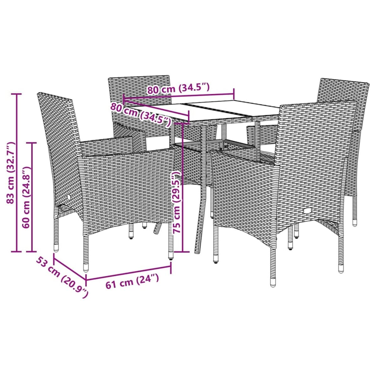 Rattan-Ess-Set mit Tisch und Stühlen mit Abmessungen.