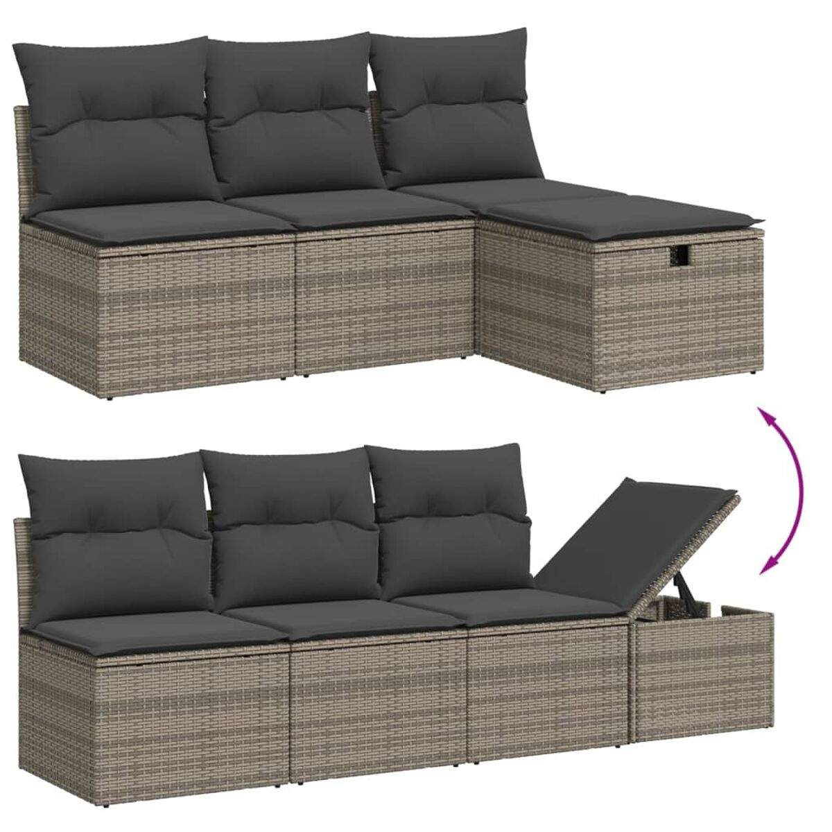 Graues Korbgeflecht-Ecksofa mit Stauraum. Draufsicht auf das Sofa mit offenem Sitz. Graue Kissen oben.