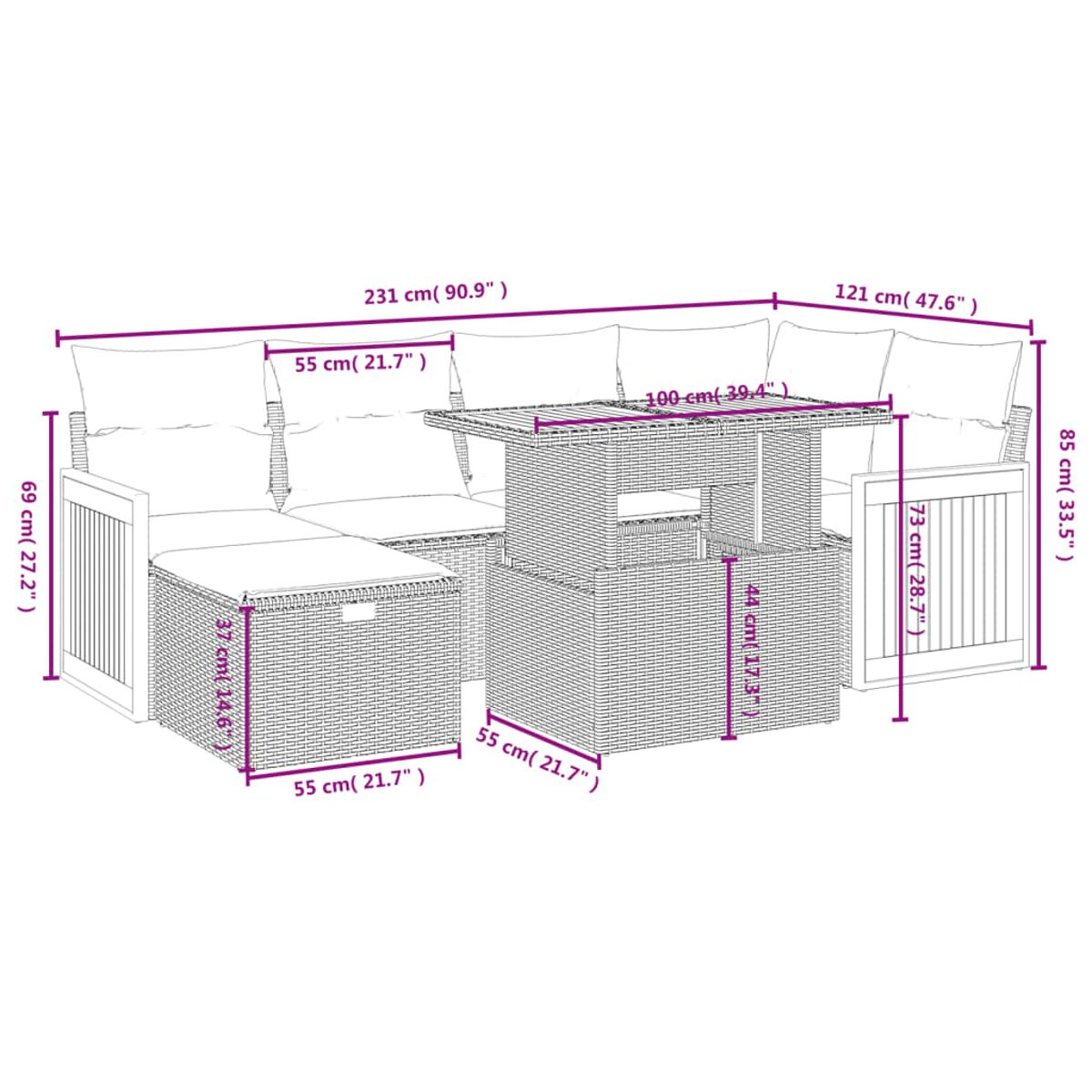 Diagramm eines braunen Rattan-Outdoor-Ecksofas mit Maßen und einem quadratischen Couchtisch.