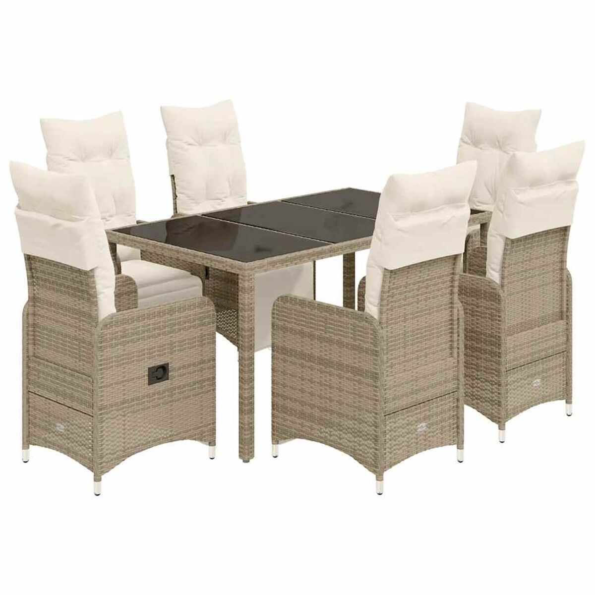 Set da pranzo da esterno in rattan con tavolo con piano in vetro e sei sedie con cuscini bianchi.