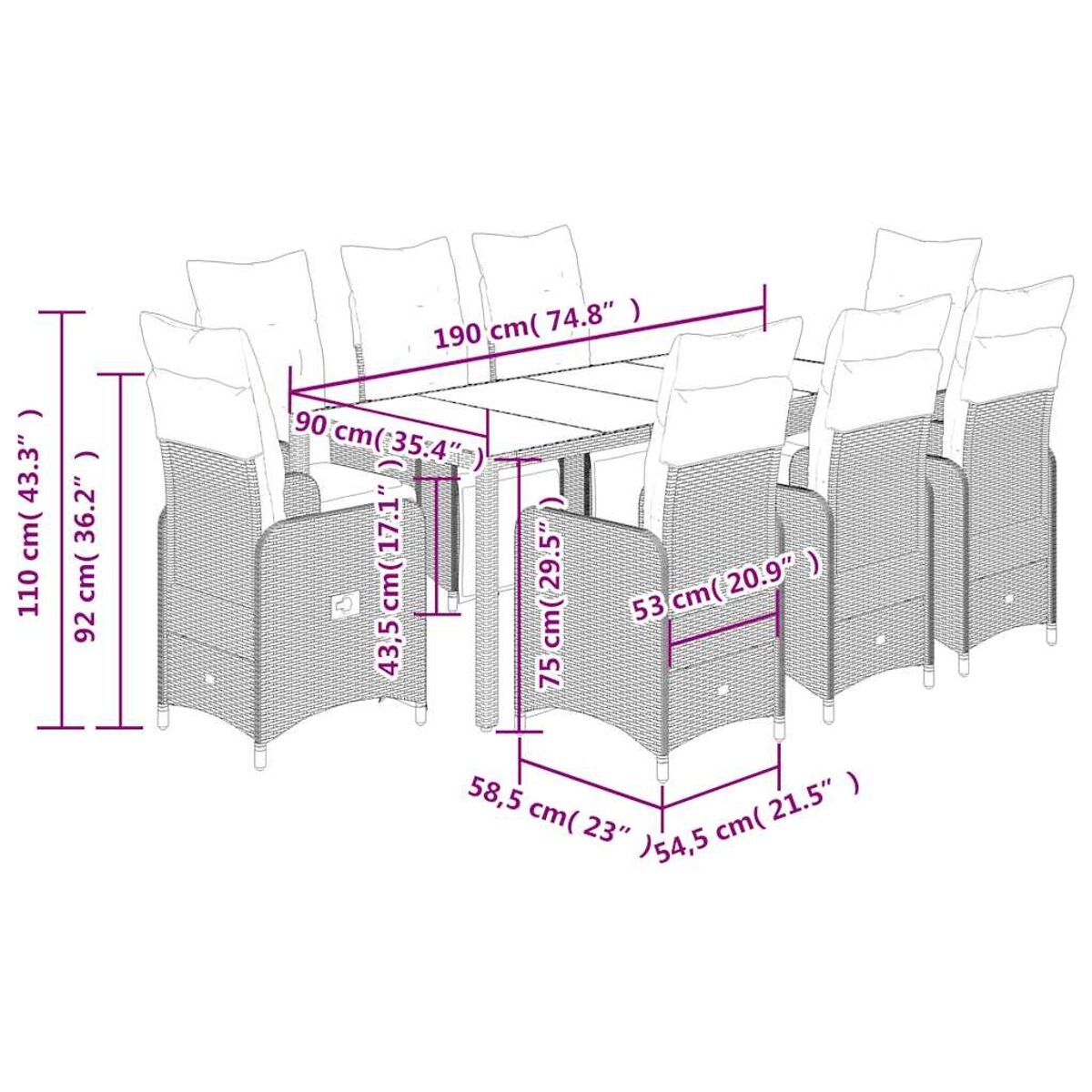 Set da pranzo all'aperto con più sedie e un tavolo grande, con dimensioni indicate.