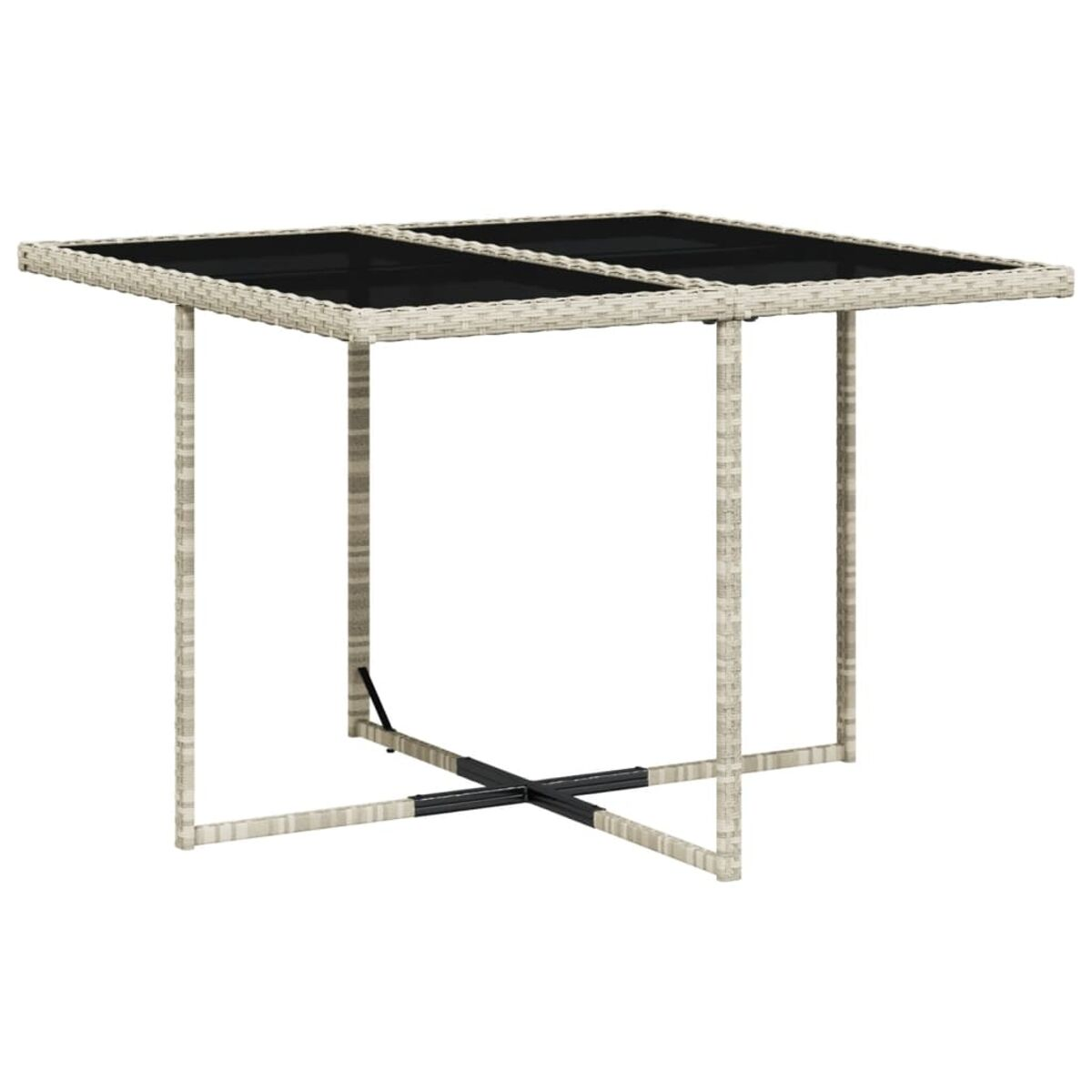 Quadratischer Outdoor-Tisch mit schwarzer Glasplatte und grauem gewebtem Rahmen auf weißem Hintergrund.