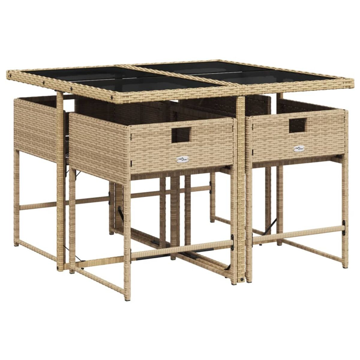 Tavolo e sedie da esterno in vimini. Tavolo con piano in vetro nero e contenitore.