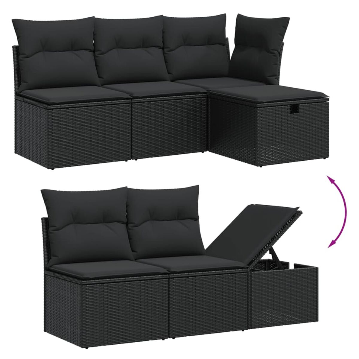 Zweiteiliges schwarzes Rattan-Ecksofa. Ein Teil hat einen aufklappbaren Stauraum.