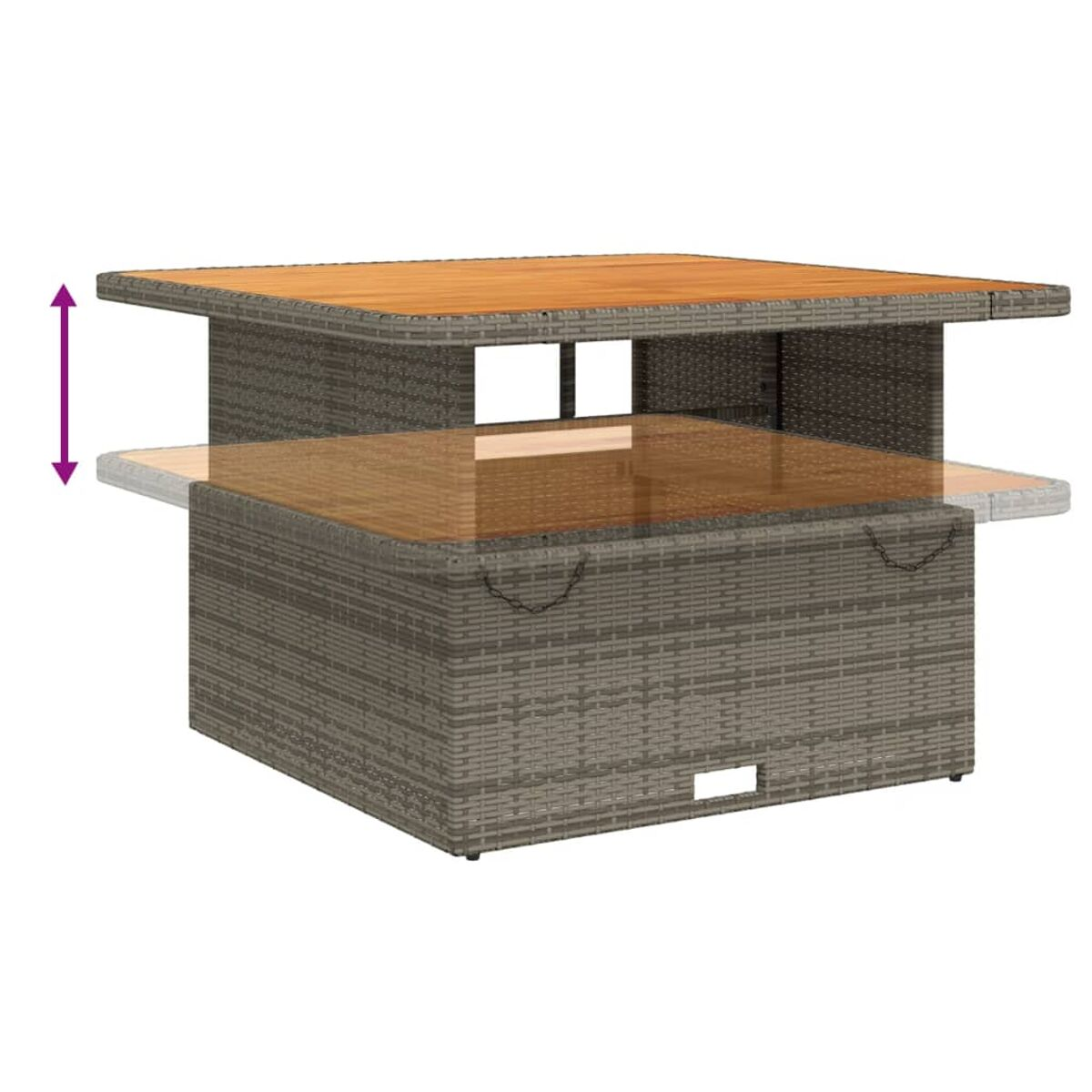 Quadratischer Gartentisch mit Holzplatte und rattanähnlicher Basis, mit Pfeil zur Höhenverstellung.