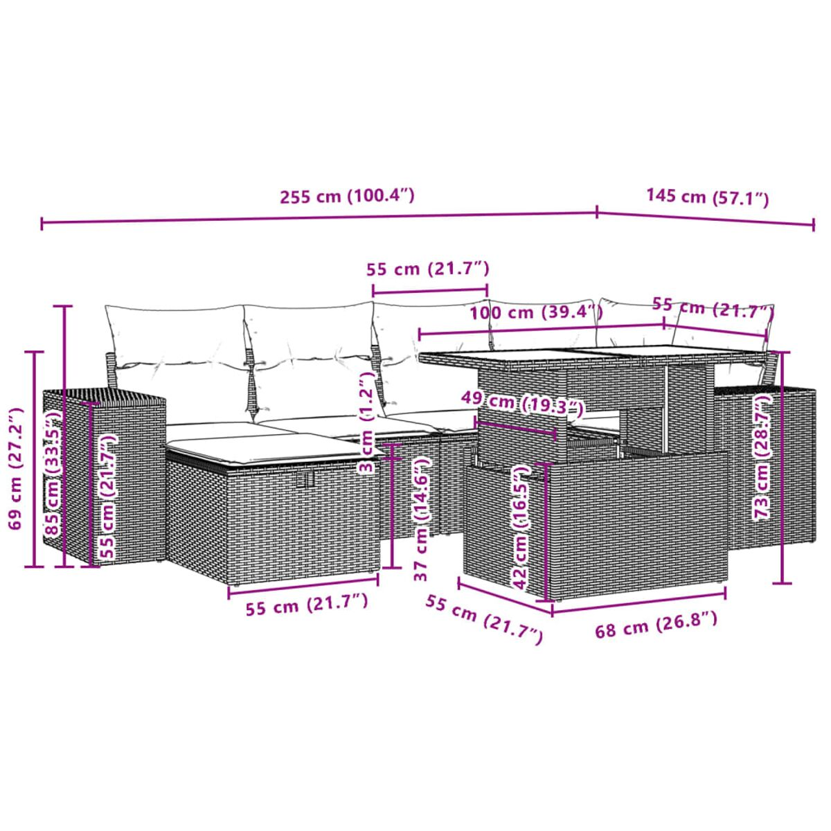 Outdoor-Rattanset mit Abmessungen. Sofa, Tisch und zwei Beistelltische sind enthalten.