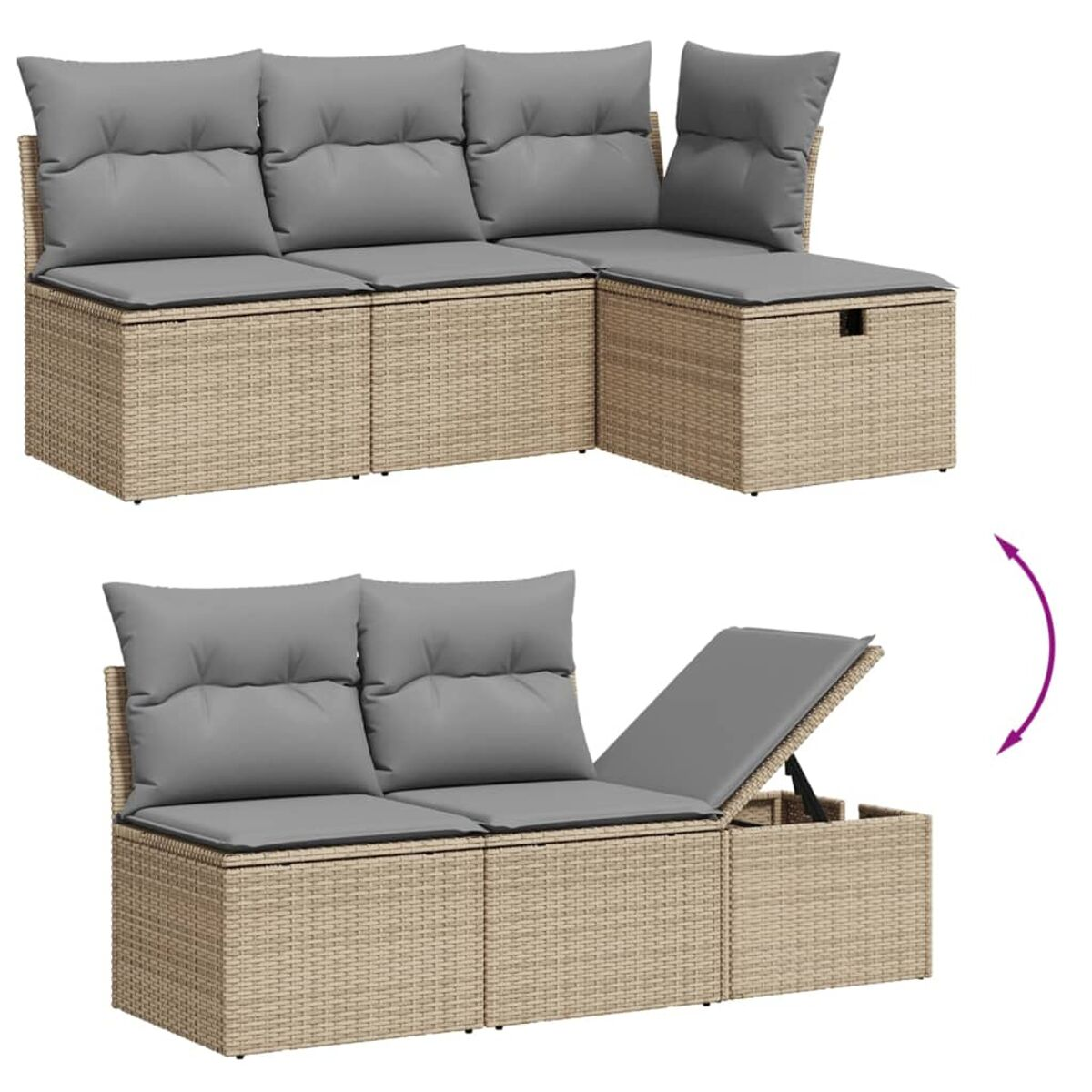 Zwei braune Rattan-Außensofas, eines mit Staufach, grauen Kissen und Rückenlehnen.