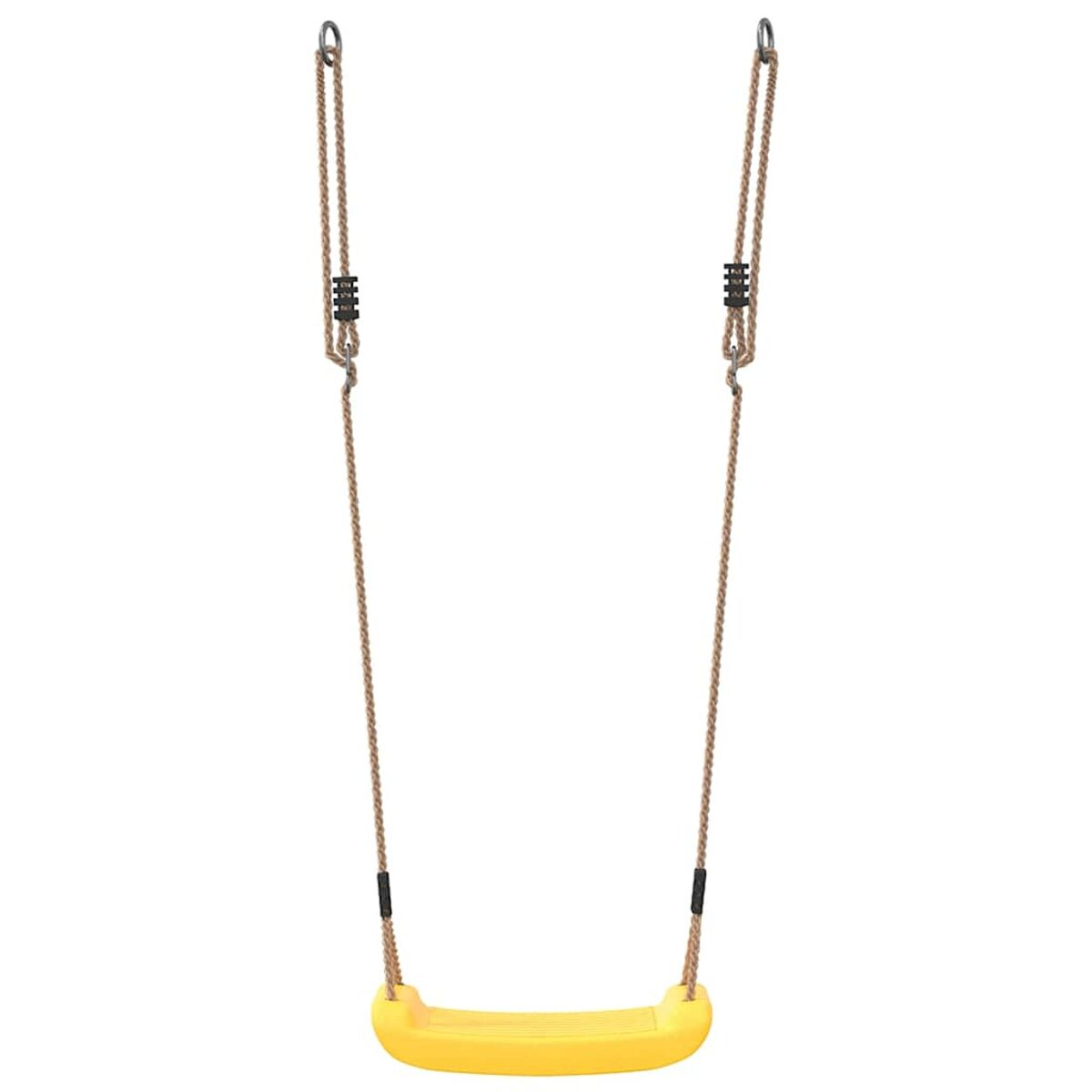 Sedile altalena giallo con corde marroni appese ad anelli di metallo.