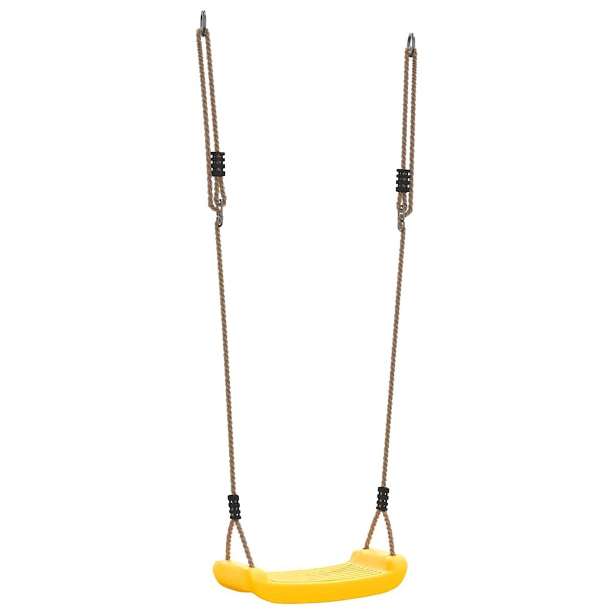 Un seggiolino giallo è appeso a corde marroni attaccate ad anelli metallici.
