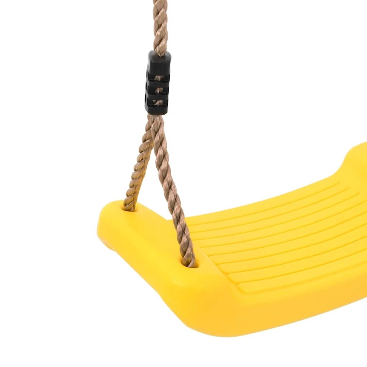 Un seggiolino per altalena in plastica gialla con corda marrone. L'altalena è appesa a un connettore nero.