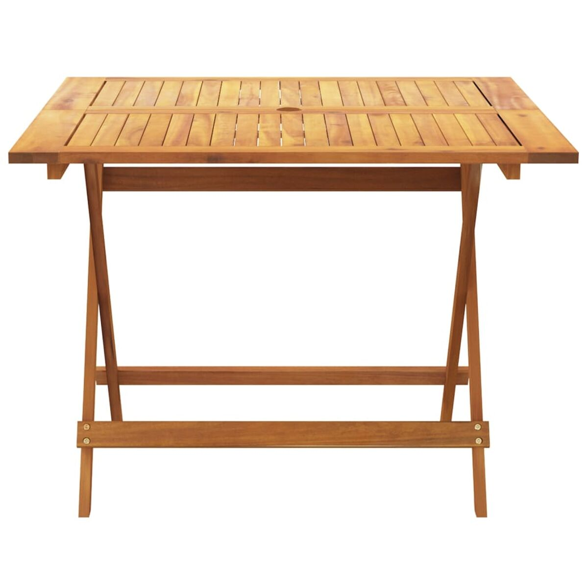 Ein quadratischer Holztisch mit schrägen Beinen. Die Tischplatte hat Lamellen.