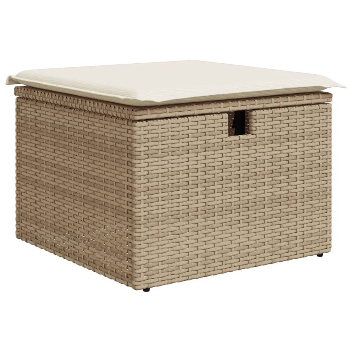 Beige gewebte Outdoor-Aufbewahrungsbox mit weißem Kissen oben drauf.