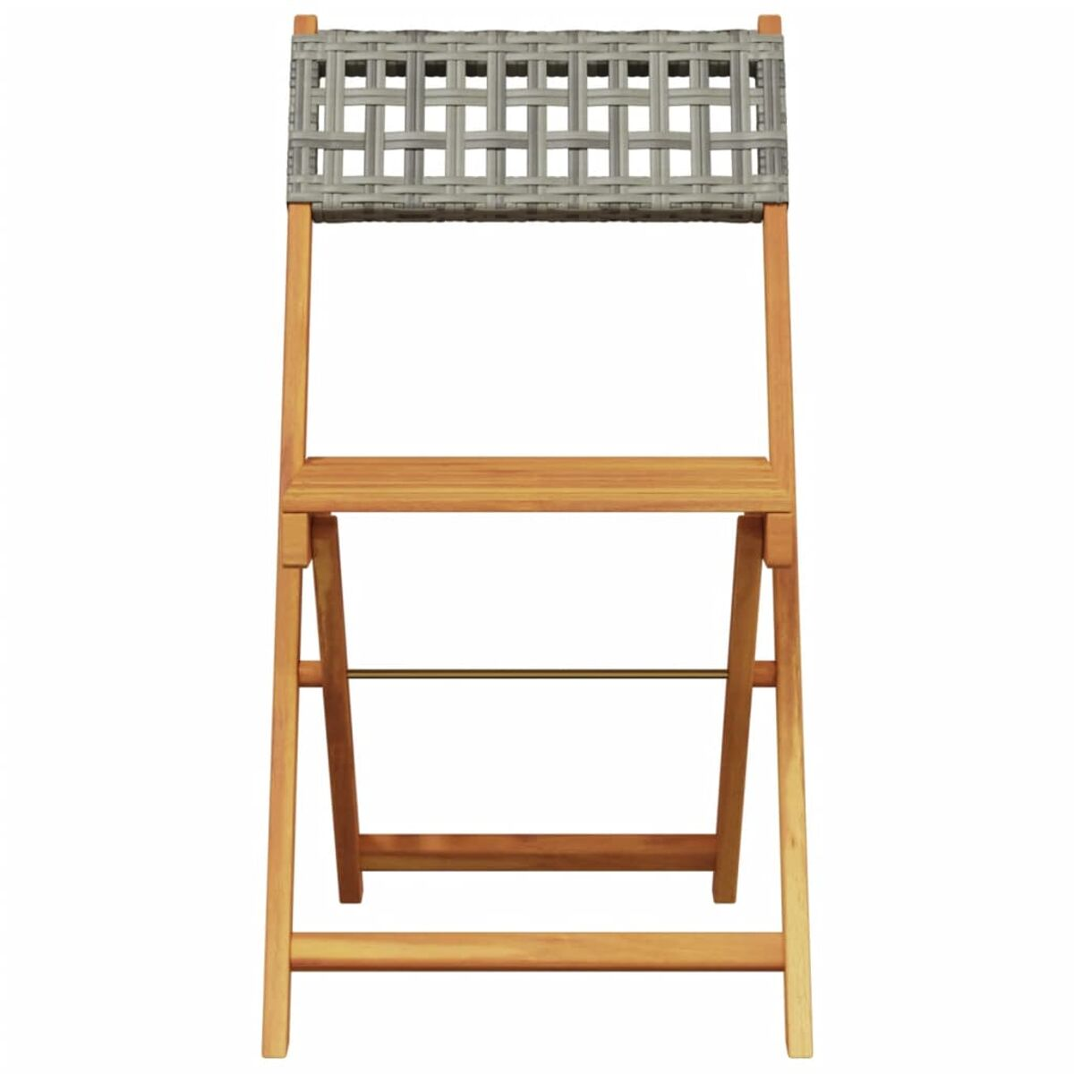Klappstuhl aus Holz mit grauem Web-Rücken. Einfaches Design, für den Außenbereich geeignet.