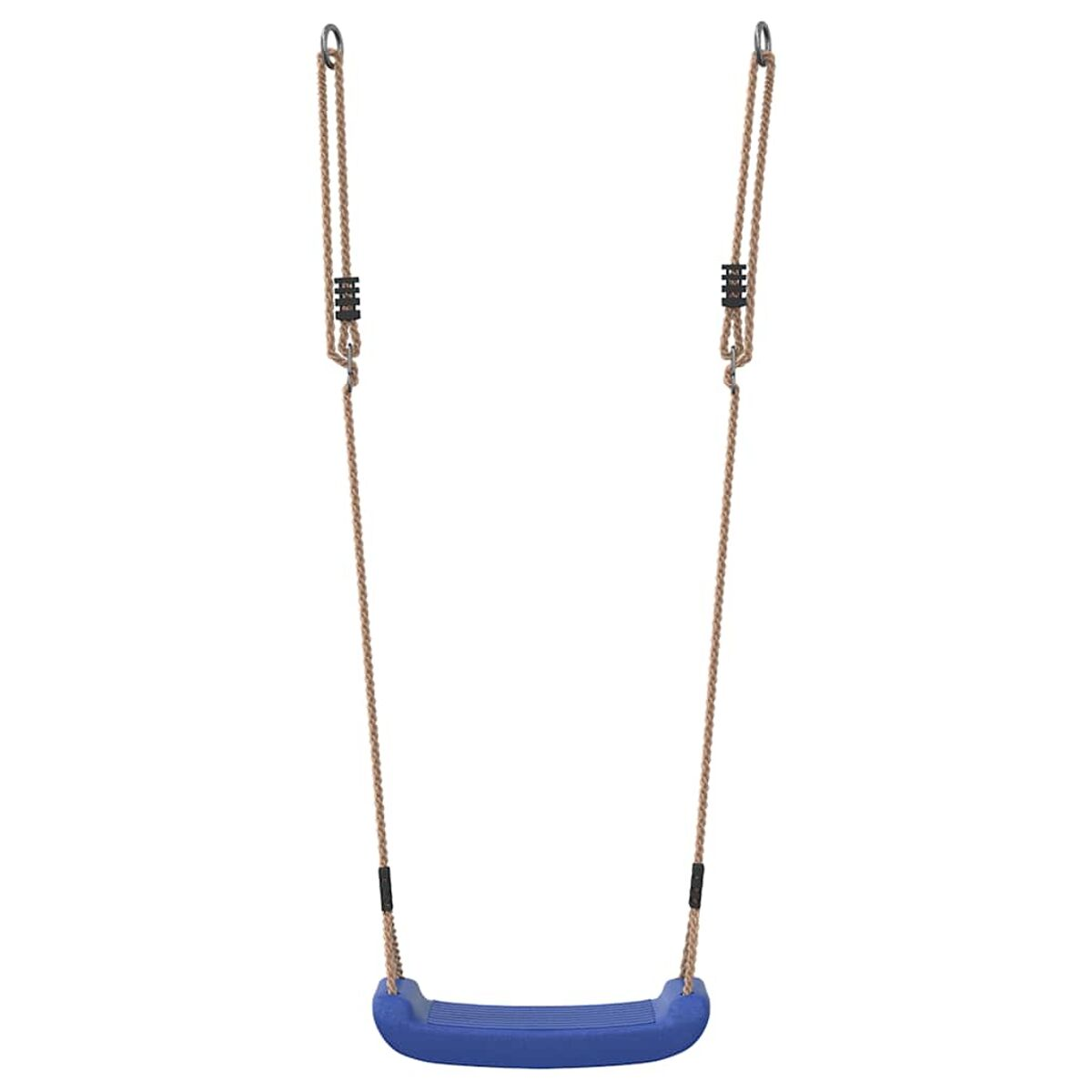 Altalena in plastica blu appesa a corde con anelli metallici.