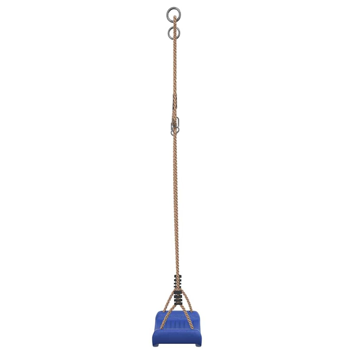 Sedile altalena blu appeso con una corda a due anelli metallici. L'altalena è per bambini.