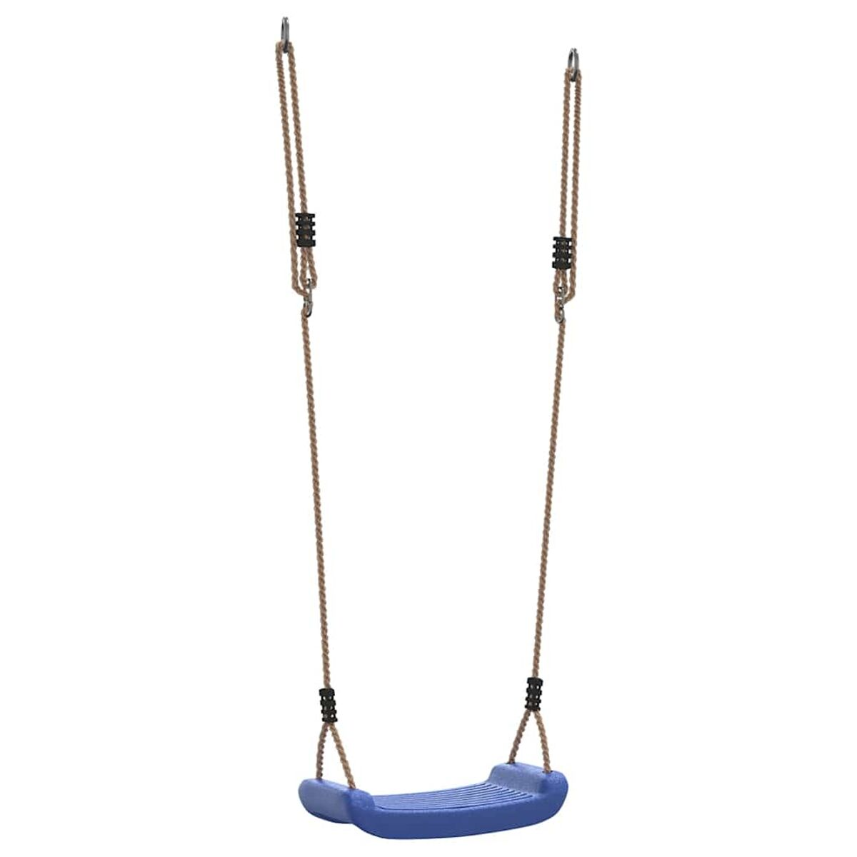 Sedile per altalena in plastica blu appeso con corde marroni ad un anello di metallo.
