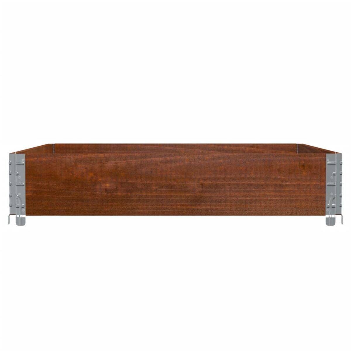 Una tavola di legno con staffe metalliche sui lati. Legno marrone.