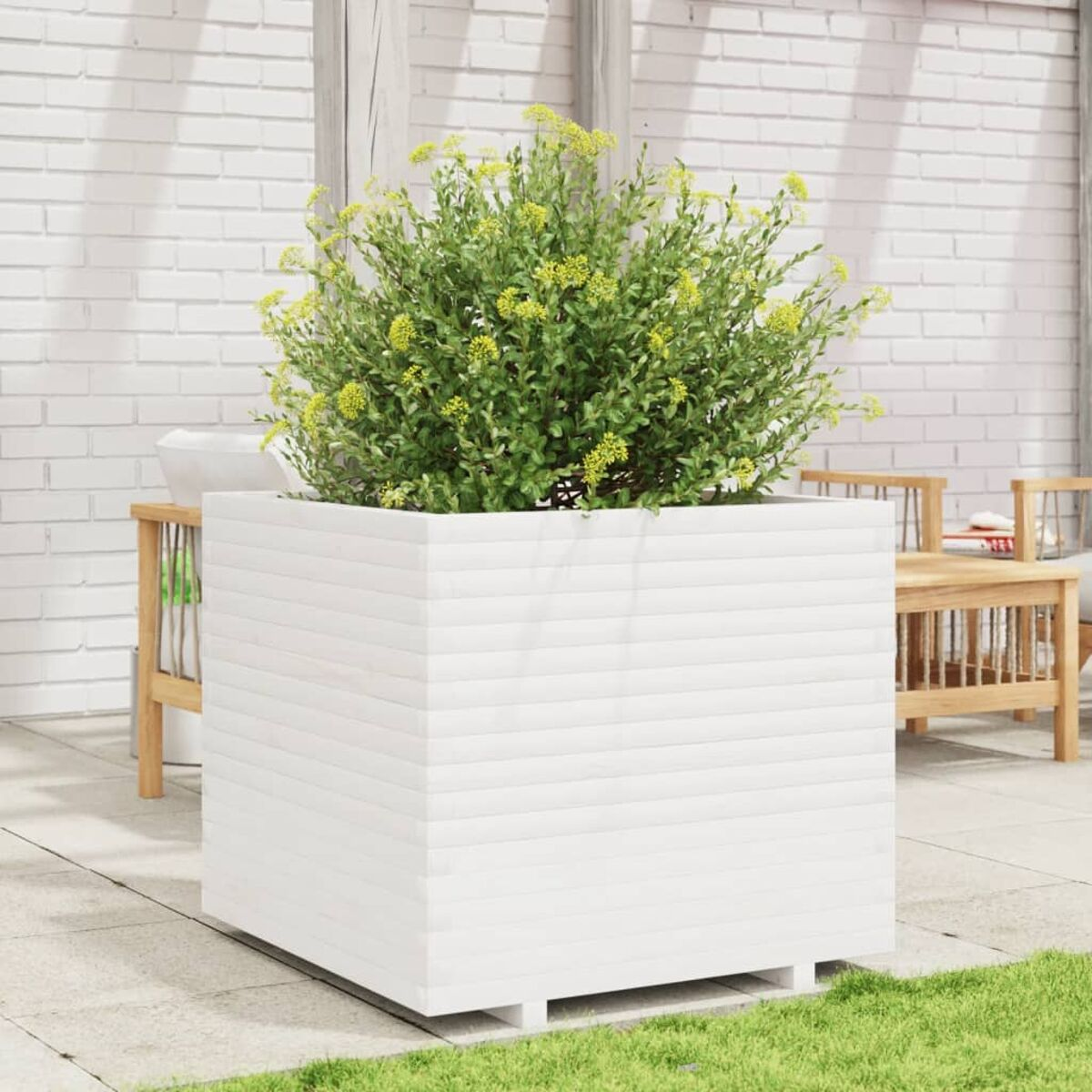 Großer weißer Pflanzkübel mit quadratischer Form und einer üppigen grünen Pflanze mit gelben Blüten.