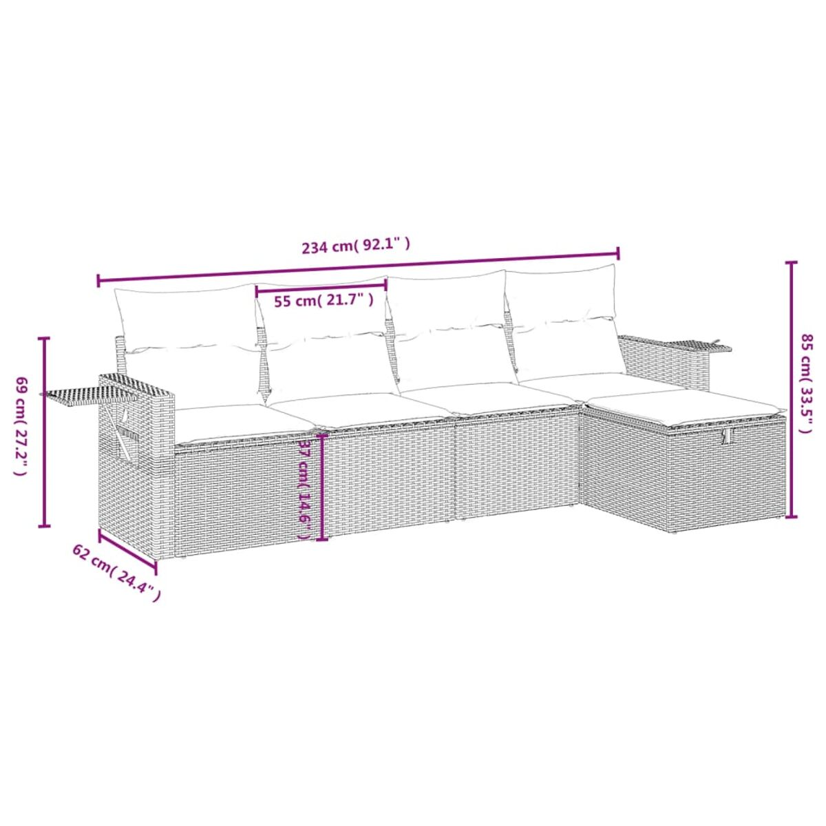 Geflochtenes Sofa mit Maßangaben. Es enthält einen Beistelltisch und Kissen. Das Sofa ist weiß.