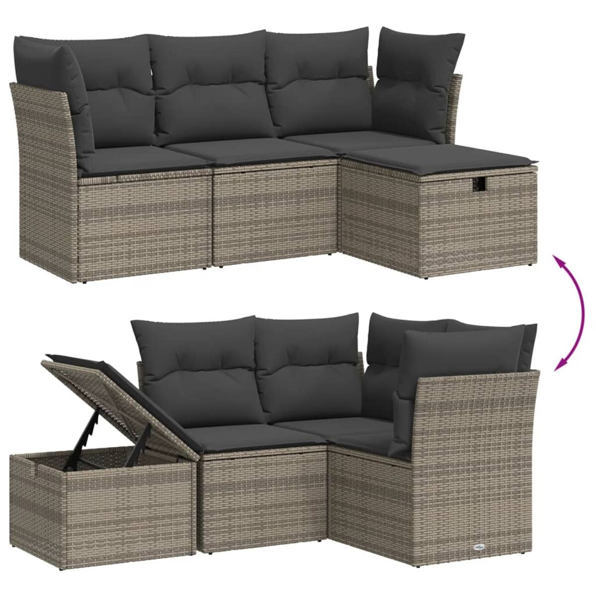 Zweiteiliges Outdoor-Sofa aus Weide mit grauen Kissen, ein Abschnitt mit Stauraum. Gezeigt offen und geschlossen.