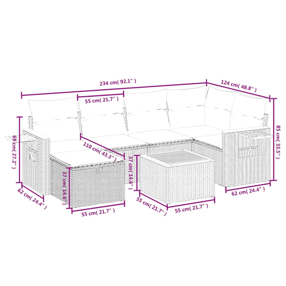 Outdoor-Ecksofa mit Abmessungen in Zentimetern und Zoll beschriftet.