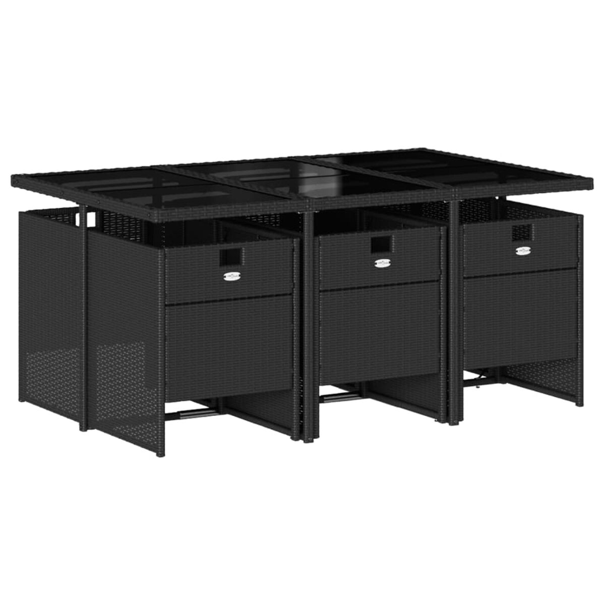 Schwarzes Korbgeflecht-Outdoor-Tischset mit Staufächern und Glasplatte.