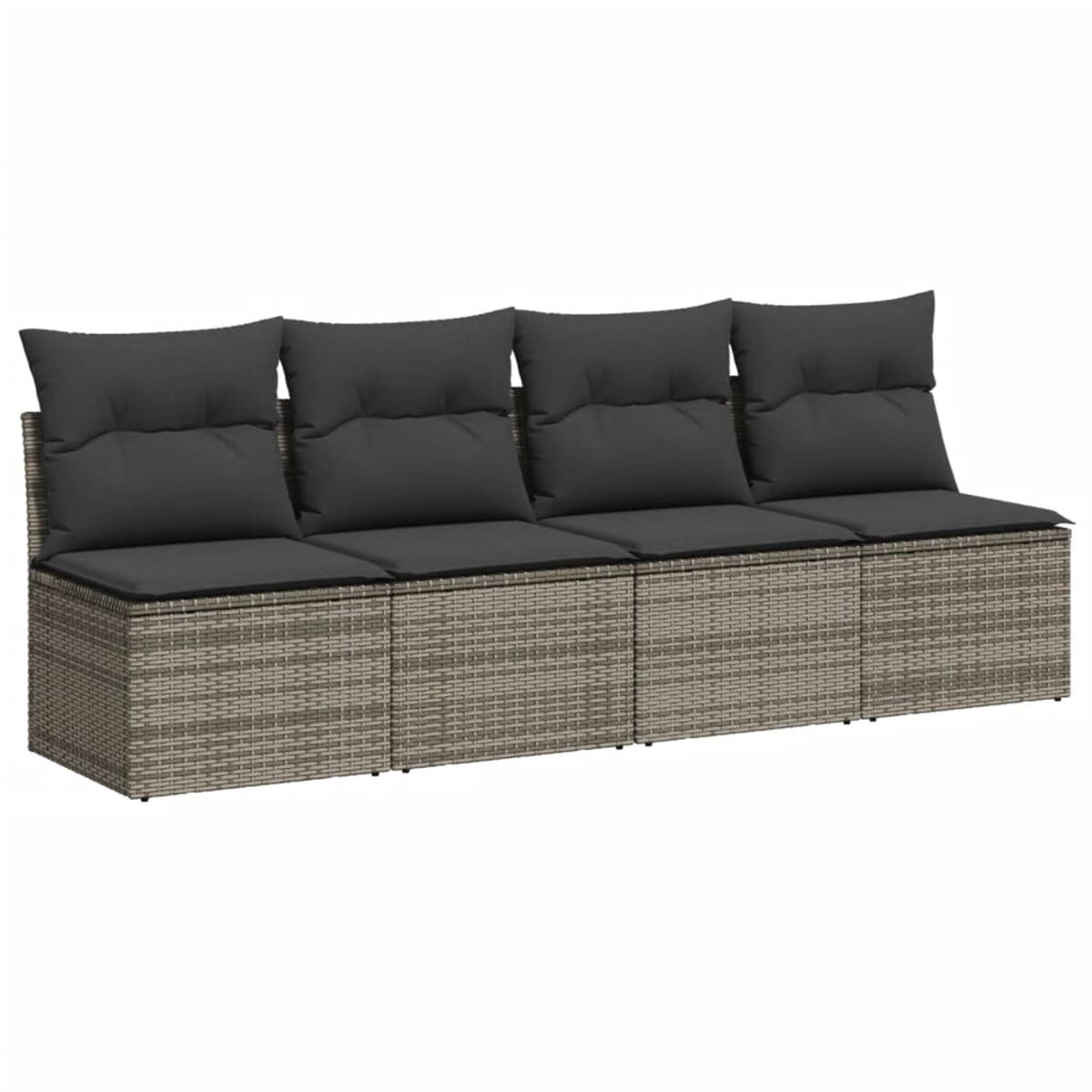 Ein graues Rattansofa mit vier dunkelgrauen Kissen. Weißer Hintergrund.