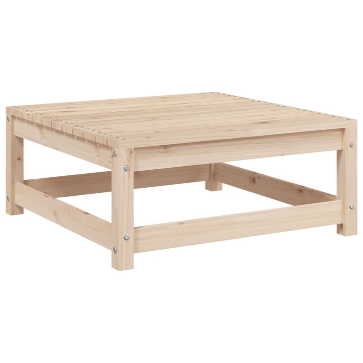Ein quadratischer Holztisch aus hellem Holz. Er hat eine Lattenoberseite und quadratische Beine.