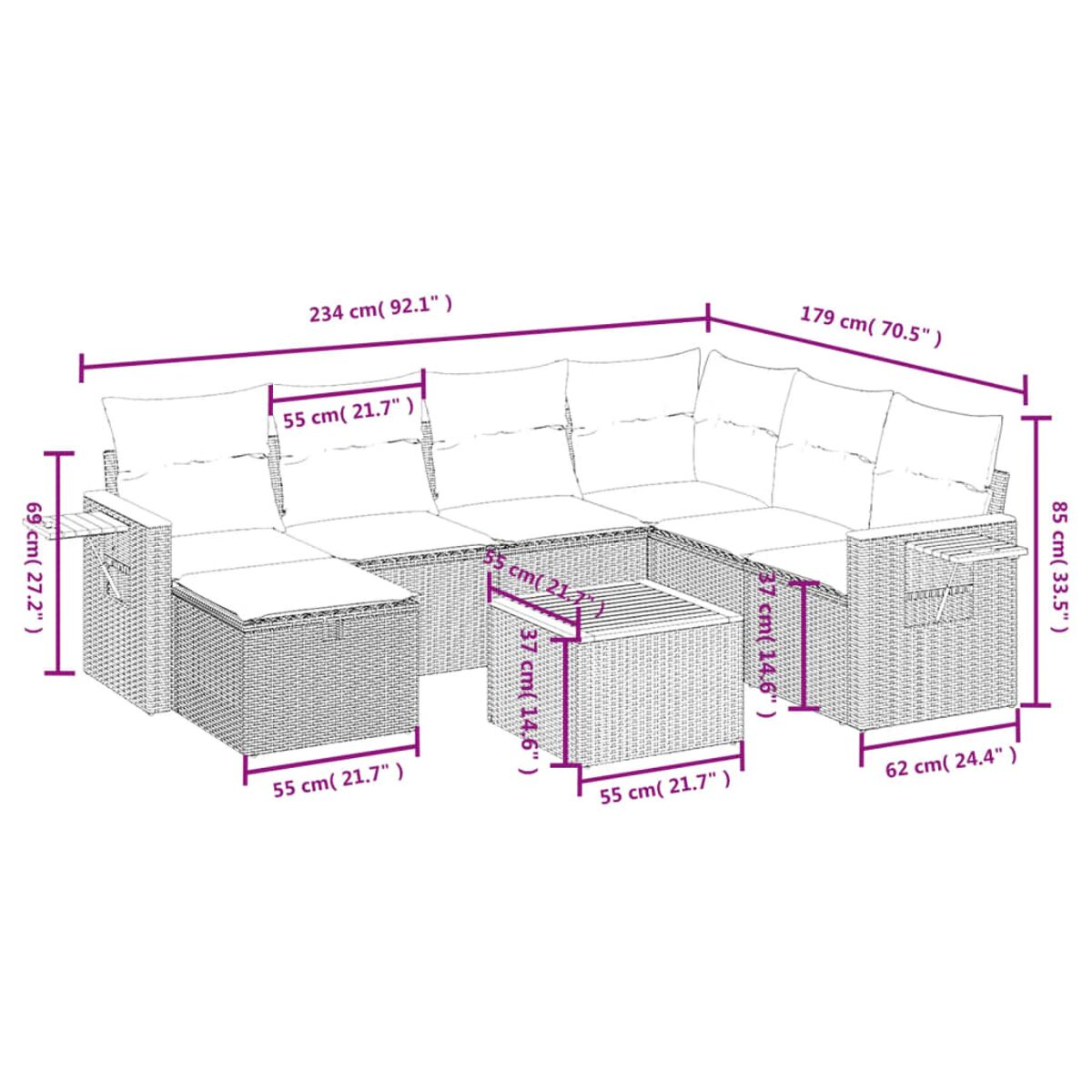 Outdoor-Ecksofa mit Maßen. Hellbraunes Weidengeflecht, graue Kissen. Maße in cm und Zoll.