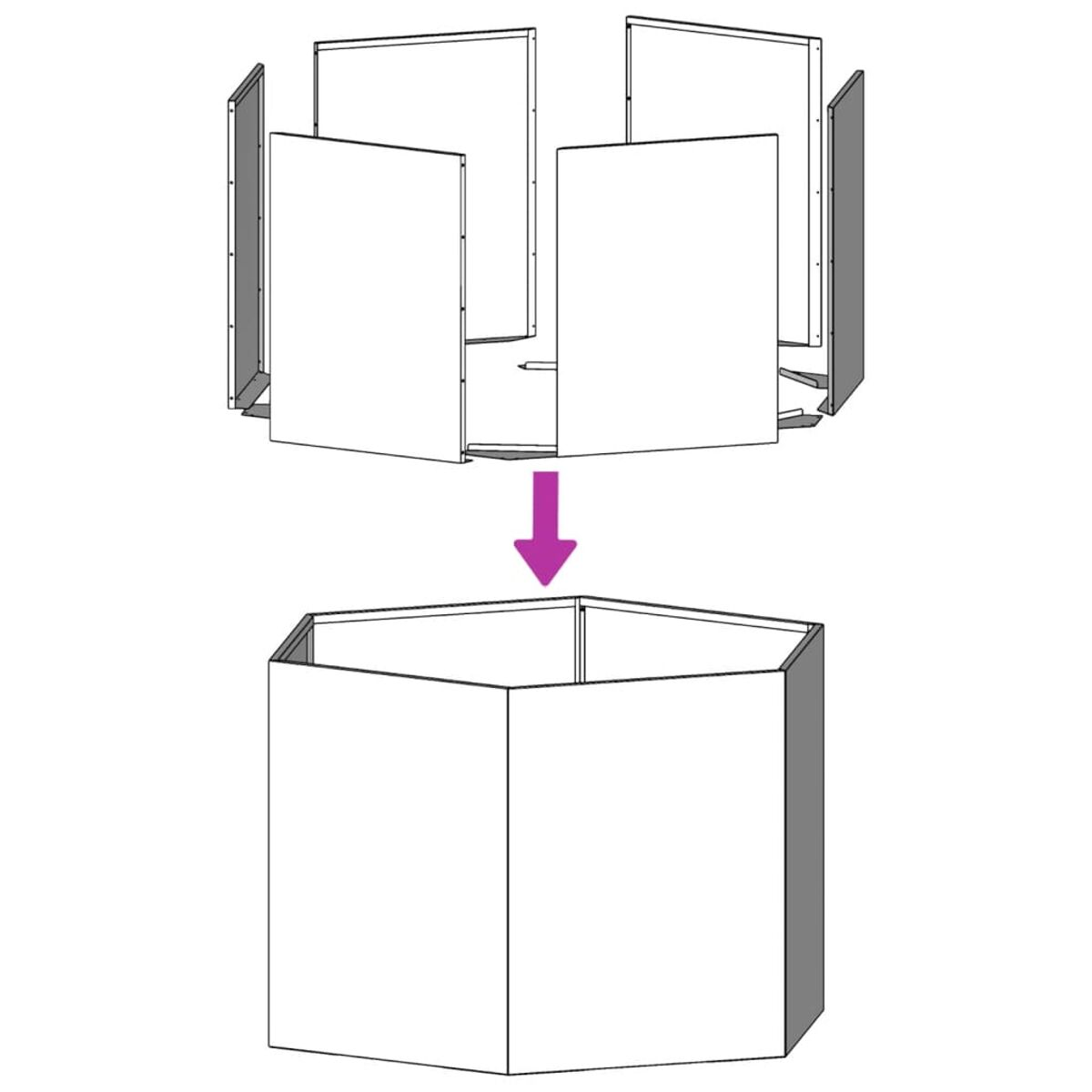 Diagramm, das die Montage eines weißen Schranks zeigt. Er besteht aus sechs separaten Teilen.