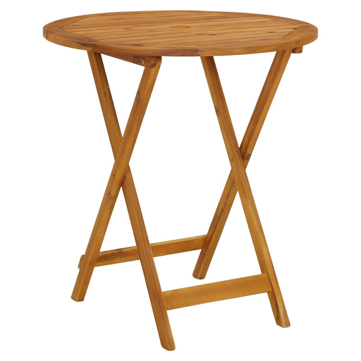 Runder Holztisch mit Lattenrost, zusammenklappbare Beine. Ideal für Essen im Freien, einfach und elegant.